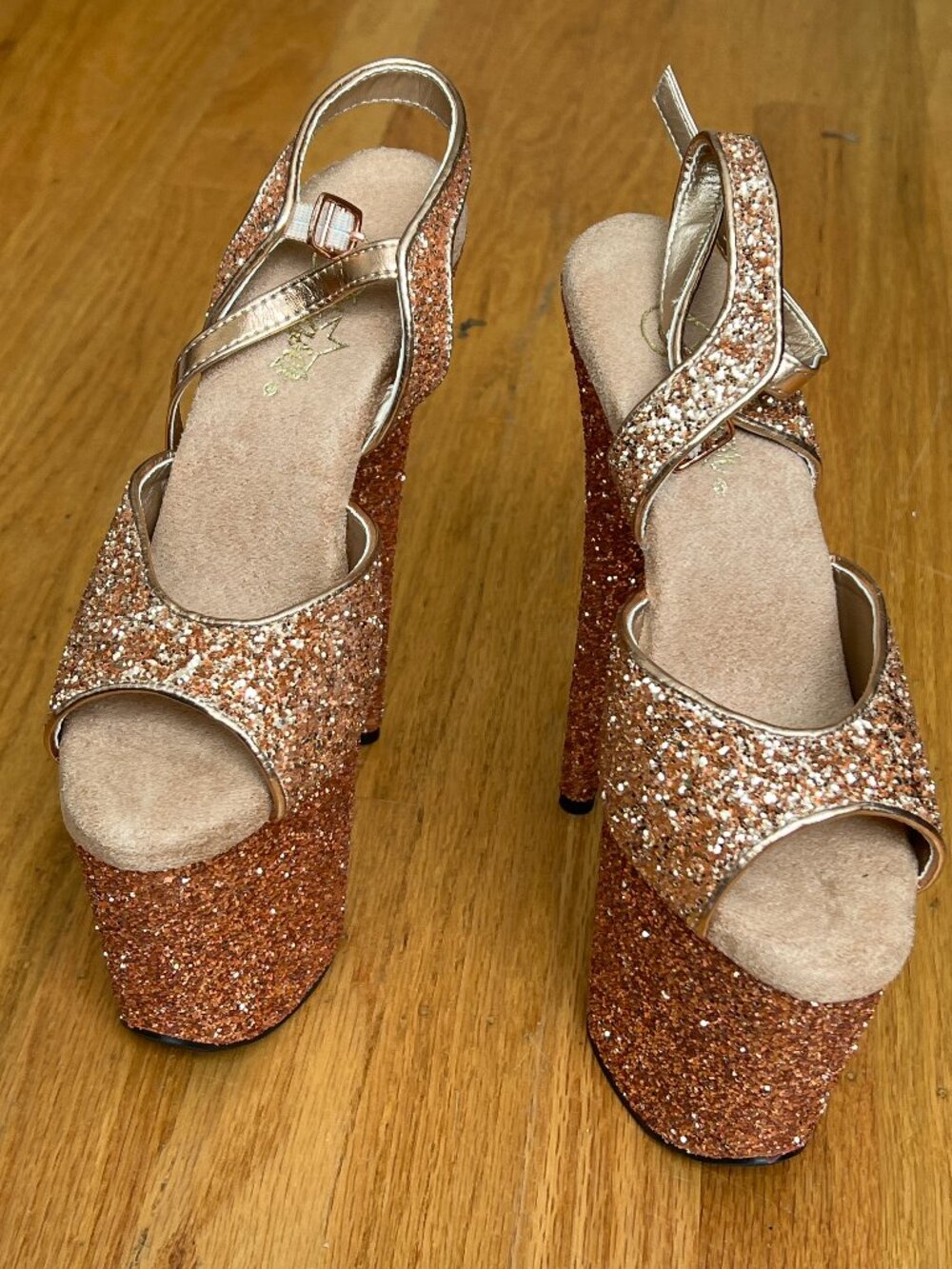 Pleaser Rose Gold Glitter Platform Peep-Toe Slingback Pumps